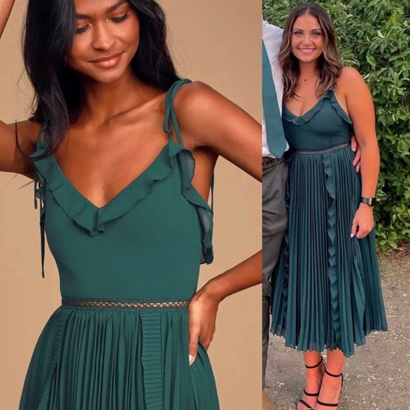 Emerald Green Ruffle Pleated Tie-Strap Dress 🌿 - Picture 10 of 12